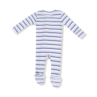 Angel Dear Footie with Zipper - Vintage Stripe Blue
Blue and white striped baby onesie on a white background