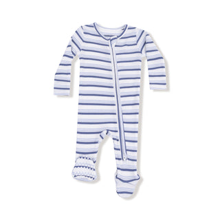 Angel Dear Footie with Zipper - Vintage Stripe Blue
Blue and white striped baby onesie on a white background