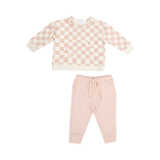Angel Dear French Terry Daisy Patch Sweatshirt & Jogger Set - Checkerboard Pink