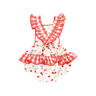 Angel Dear Gingham Ric-Rac Ruffle Sunsuit - Watercolor Cherries