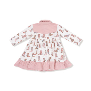 Angel Dear Long Sleeve Cowgirl Bodysuit Dress - Future Cowgirl
Children's dress with pink collar and ruffled hem, featuring a pattern of cowboy boots on a white background.