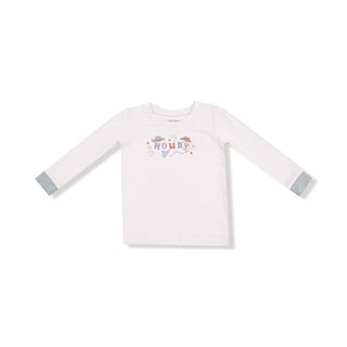 Angel Dear Long Sleeve Loungewear Set - Cowboy Dogs
White long-sleeve shirt with colorful text and patterns on a white background