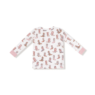 Angel Dear Long Sleeve Loungewear Set - Future Cowgirl
Long-sleeve shirt with pink cowboy boot pattern on a white background
