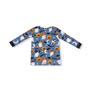 Angel Dear Long Sleeve Loungewear Set - Glow in the Dark Costumed Ghosts
Children's long-sleeve shirt with Halloween-themed pattern on a white background
