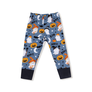 Angel Dear Long Sleeve Loungewear Set - Glow in the Dark Costumed Ghosts
Halloween-themed children's leggings with ghosts, pumpkins, and text on a blue background.