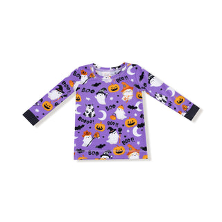 Angel Dear Long Sleeve Loungewear Set - Glow in the Dark Costumed Ghosts Purple
Purple long-sleeve shirt with Halloween-themed pattern on a white background