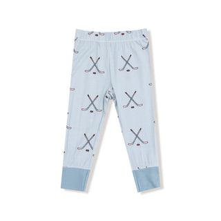 Angel Dear Long Sleeve Loungewear Set - Hockey Stone BlueLight blue children's leggings with hockey stick pattern on a white background