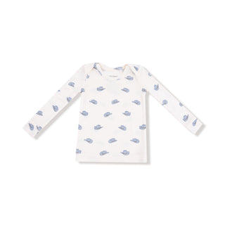 Angel Dear Long Sleeve Loungewear Set - Petite Cowboy Hats
White long-sleeve shirt with blue whale pattern on a white background