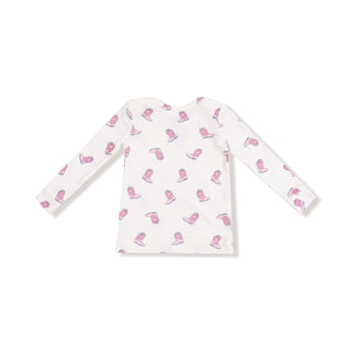 Angel Dear Long Sleeve Loungewear Set - Petite Cowgirl Boots
White long-sleeve shirt with pink pattern on a white background