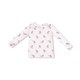 Angel Dear Long Sleeve Loungewear Set - Petite Cowgirl Boots
White long-sleeve shirt with pink pattern on a white background