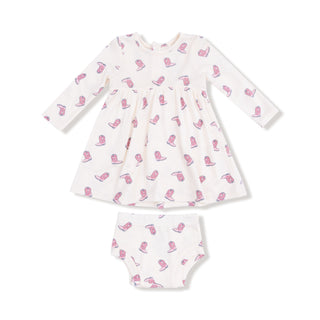 Angel Dear Long Sleeve Simple Dress + Bloomer - Petite Cowgirl Boots
Baby dress and diaper set with pink flamingo pattern on a white background