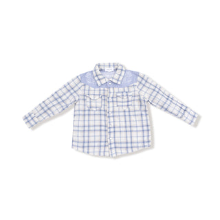 Angel Dear Long Sleeve Western Pearl Snap Shirt - Blue Plaid
Blue and white checkered shirt on a white background