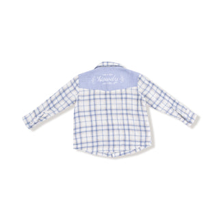 Angel Dear Long Sleeve Western Pearl Snap Shirt - Blue Plaid
Blue and white checkered shirt with branding on a white background