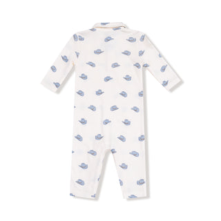 Angel Dear Polo Romper - Petite Cowboy Boots
White baby onesie with blue whale pattern on a white background
