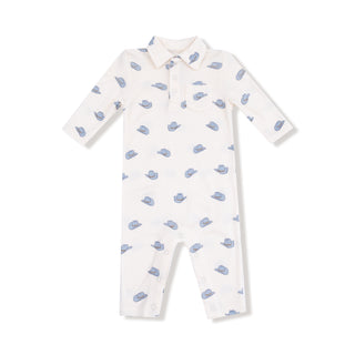 Angel Dear Polo Romper - Petite Cowboy Boots
White baby onesie with blue whale pattern on a white background