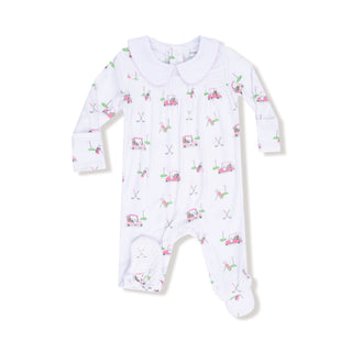 Angel Dear Smocked Peter Pan Snap Footie - Baby Golf Carts Pink
Baby onesie with car pattern on a white background
