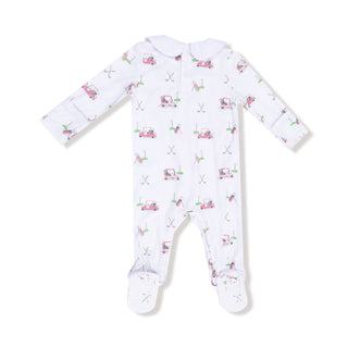 Angel Dear Smocked Peter Pan Snap Footie - Baby Golf Carts Pink Baby onesie with car pattern on a white background