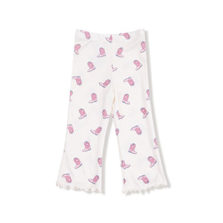 Angel Dear V- Ruffle Waffle Top and Rib Flare Pant Set - Petite Cowgirl Boots
White pants with pink boot pattern on a white background