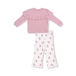 Angel Dear V- Ruffle Waffle Top and Rib Flare Pant Set - Petite Cowgirl Boots Pink ruffled top and white pants with pink boot pattern on a white background