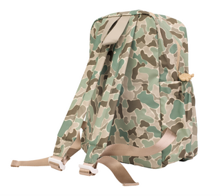 Small Apple of My Isla The Backpack - Camo Camouflage-patterned baby carrier with beige straps on a white background
