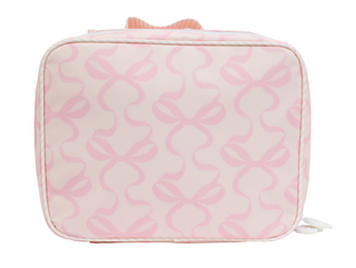Apple of My Isla The Lunchbox - Bows on Pink Pink and white patterned toiletry bag on a white background