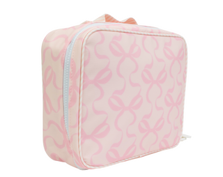 Apple of My Isla The Lunchbox - Bows on Pink Pink insulated lunch bag with white zipper on a white background