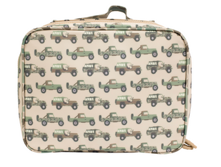Apple of My Isla The Lunchbox - Jeeps Travel bag with green vehicle pattern on a beige background