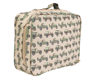 Apple of My Isla The Lunchbox - Jeeps Rectangular fabric pouch with truck pattern on a beige background