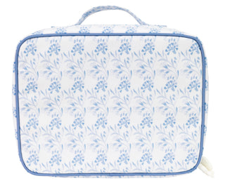 Apple of My Isla The Lunchbox - Navy Floral Floral-patterned suitcase with blue flowers on a white background