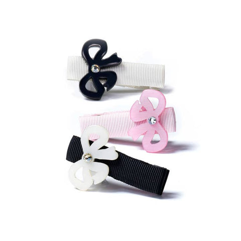 Lilies & Roses Baby Bow Fancy in Black Satin, Pink & White Hair Clip Set