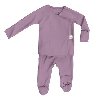 Bonsie Footie - Fig
Purple baby outfit with long-sleeve top and footed pants on a white background