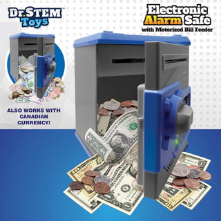 Dr. Stem Electronic Alarm Safe
Dr. STEM Toys Electronic Alarm Safe with motorized bill feeder, shown as a gray and blue safe with cash and coins spilling out, on a blue and white graphic background with product text.