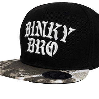 BinkyBro Kids Durban Sb Black Hat
Black and camouflage cap with 'Binty Bro' text on a white background
