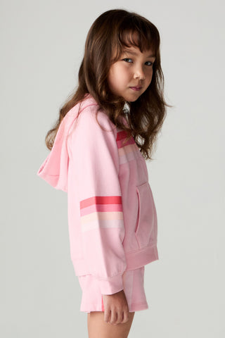 Chaser Multi Stripes Girls Zip Up
Young girl wearing a pink outfit with a hood on a plain background