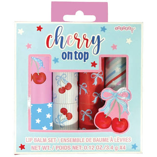 Iscream Cherry On Top lip balm set with cherry-flavored moisturizing balm in colorful packaging.
