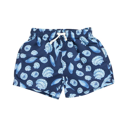 Pink Chicken, Blue Rooster Boys Swim Trunk - Blue Sea Shells - Basically Bows & Bowties