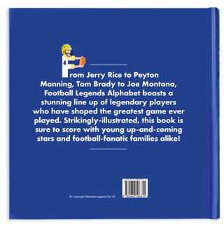 Football Legends Alphabet Hardcover Book
Book cover with text about football legends and a player illustration on a blue background