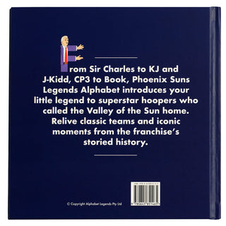 Suns Legends Alphabet Hardcover Book
Back cover of a book with text about Phoenix Suns legends and a cartoon character on a blue background.