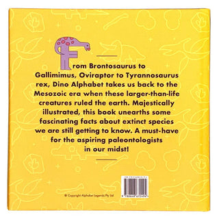 Dino Alphabet Hardcover Book
Book cover with text and dinosaur illustrations on a yellow background