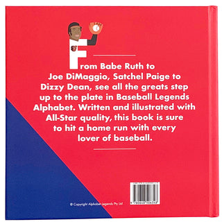 Baseball Legends Alphabet Hardcover Book
Book cover with text about baseball legends and a red and blue design.