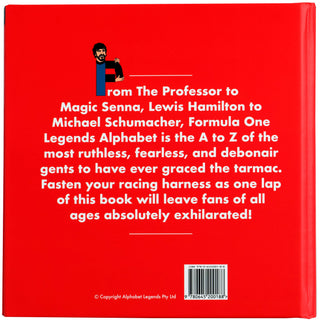 F1 Legends Alphabet Hardcover Book
Red book cover with text about Formula One legends and a small illustration of a person.