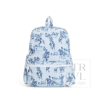 TRVL Designs Backpacker - Cowboy Toile
A light blue backpack featuring a classic blue toile de Jouy print of horses and riders, shown against a plain white background.