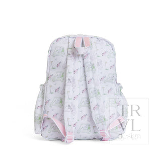 TRVL Designs Backpacker - Putt Putt Pink
A white backpack with a pastel pink and green bicycle pattern, featuring light pink straps, shown from the back on a white background.