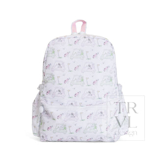TRVL Designs Backpacker - Putt Putt Pink
A white backpack featuring a repeating pattern of golf carts and golf clubs in light pink and green, with a pink top handle. A translucent 'TRVL design' watermark is visible on the right side.