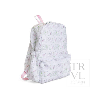 TRVL Designs Backpacker - Putt Putt Pink
A white backpack with a repeating pastel pattern of retro cars and pink straps, shown on a plain white background with a 'TRVL design' watermark.