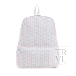TRVL Designs Backpacker - Ribbon Floral Pink
Backpack with a floral pattern on a white background, featuring the brand 'TRVL design'.