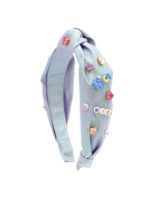 Lavender glitter galaxy knot headband by Bari Lynn with jewels and charms, featuring a stylish and vibrant design.