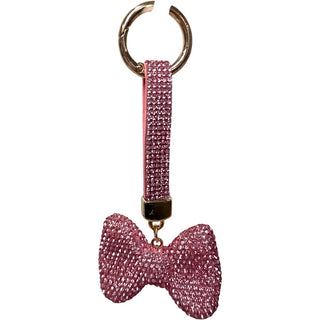 Pink Bow Rhinestone Bag Charm / Keychain - Bow Pink glittery bow keychain with a keyring on a white background