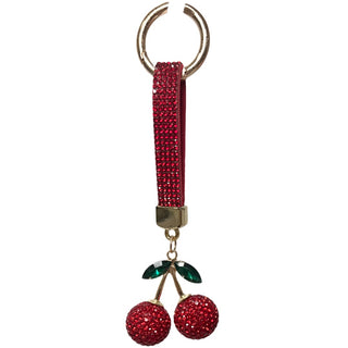 Rhinestone Bag Charm / Keychain - Cherry
 Keychain with red cherries and a red strap on a white background