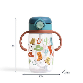 Itzy Ritzy Itzy Sips™ Straw Cup - Giddy Up
Children's sippy cup with cowboy design and measurements on a white background